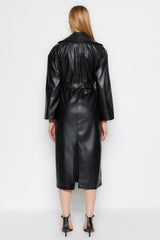 Black Oversize Wide Cut Belted Faux Leather Trench Coat Twoaw23tr00016