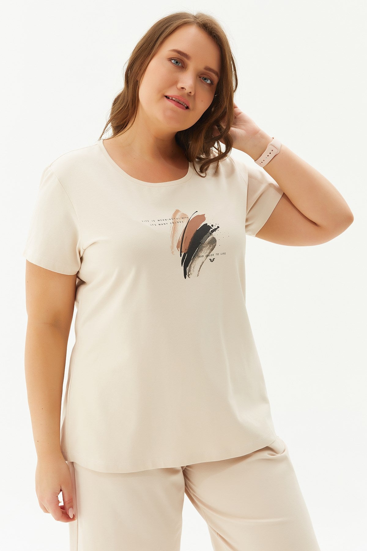 Women's Cream Plus Size Cotton Printed Short Sleeve Sport&casual T-shirt 0281 Tb22wl07s0281-1