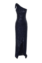 Navy Blue Single Sleeve Sequin Long Night Evening Dress Tprss24ae00028