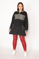 Women's Plus Size Black Plaid Pattern Detailed Hooded Coat 65n29568 65n29568