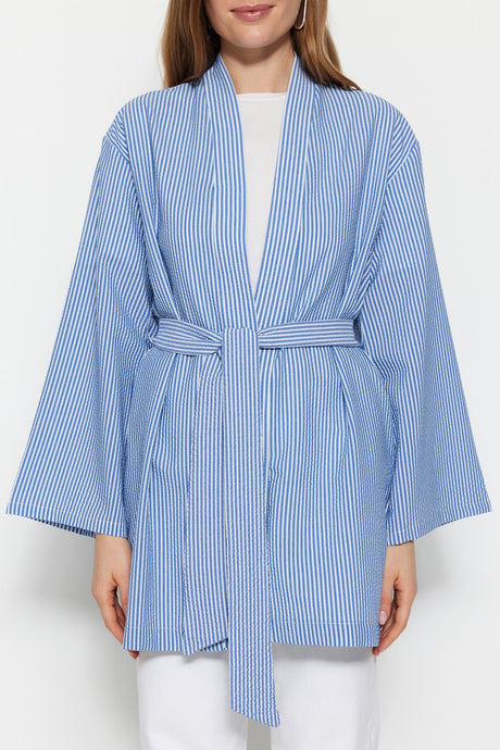 Blue Belted Woven Wafer Striped Kimono & Kaftan Tctss23kk00001