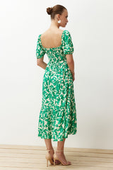 Green Floral Skater Gipe Neckline Detailed Shally Midi Woven Dress Twoss24el00952