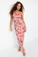 Pink Ruffle/drape Detailed Abstract Patterned Body Fit Maxi Flexible Knitted Pencil Dress Twoss24el0