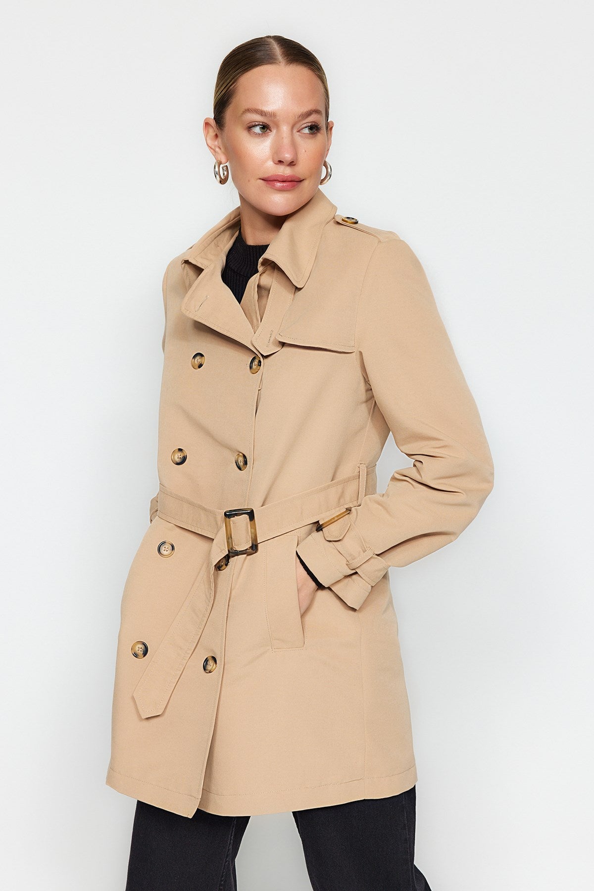 Beige Fitted Belted Trench Coat Twoaw24tr00049