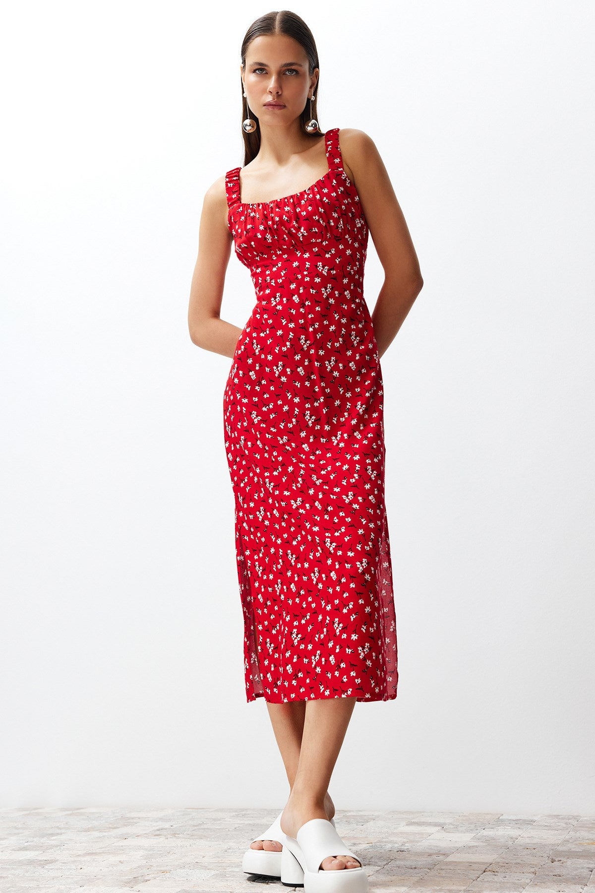 Red Floral Viscose Maxi Woven Dress Twoss24el00613