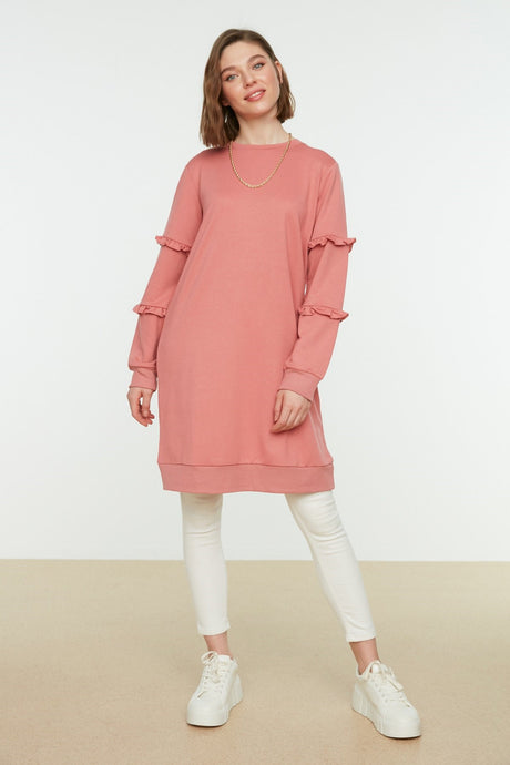 Dusty Rose Crew Neck Sleeves Ruffle Knitted Tunic Tctss21tn0088