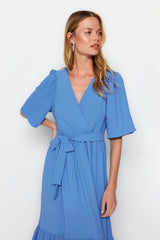 Indigo Belted A-cut Double-breasted Neckline Back Detailed Midi Woven Dress Twoss23el02164