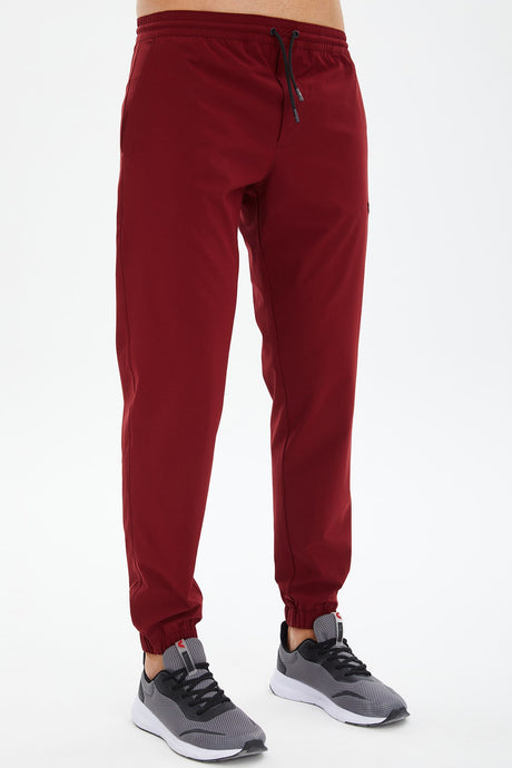 Men's Burgundy Solid Color Slim Quick Drying Rubber Leg Woven Casual And Sports Tracksuit Pants 0809