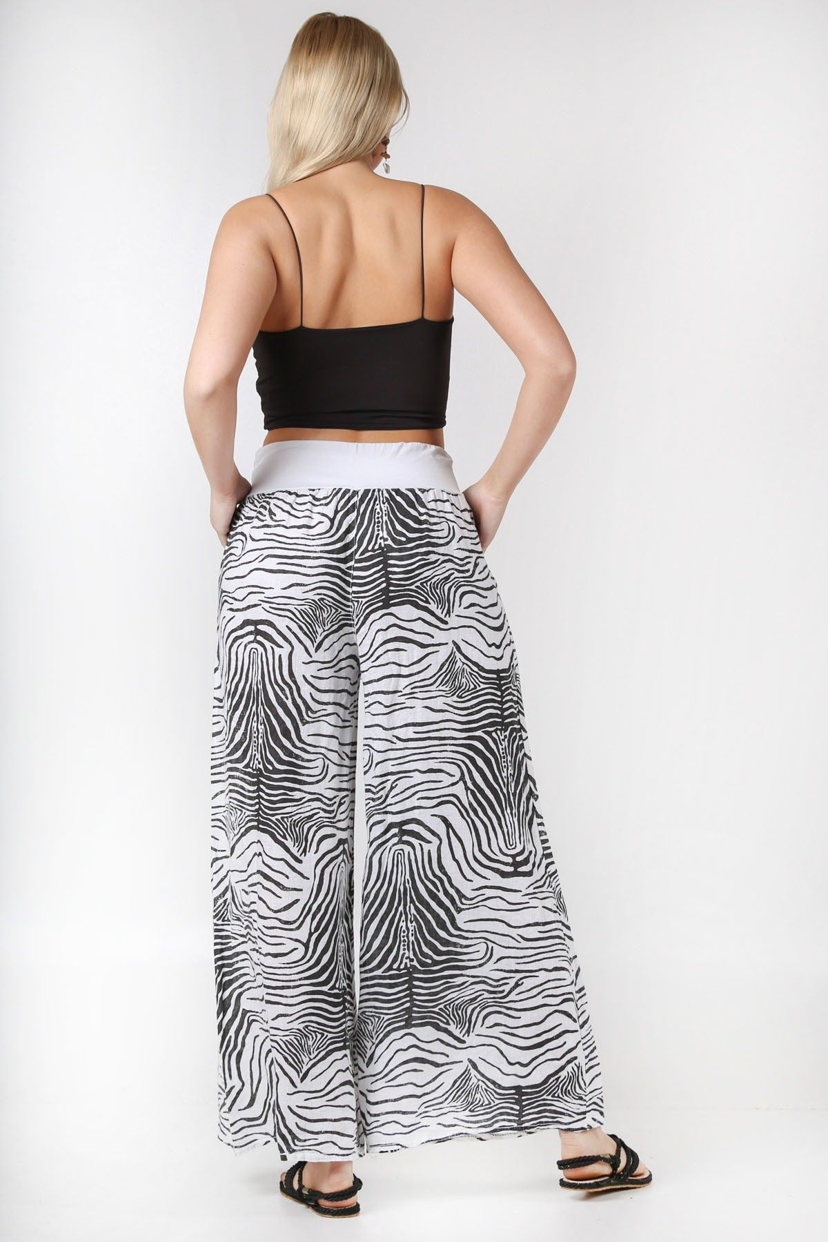 Italian Black And White Zebra Pattern Elastic Waist Linen. Woven Pants M10060000pn98340