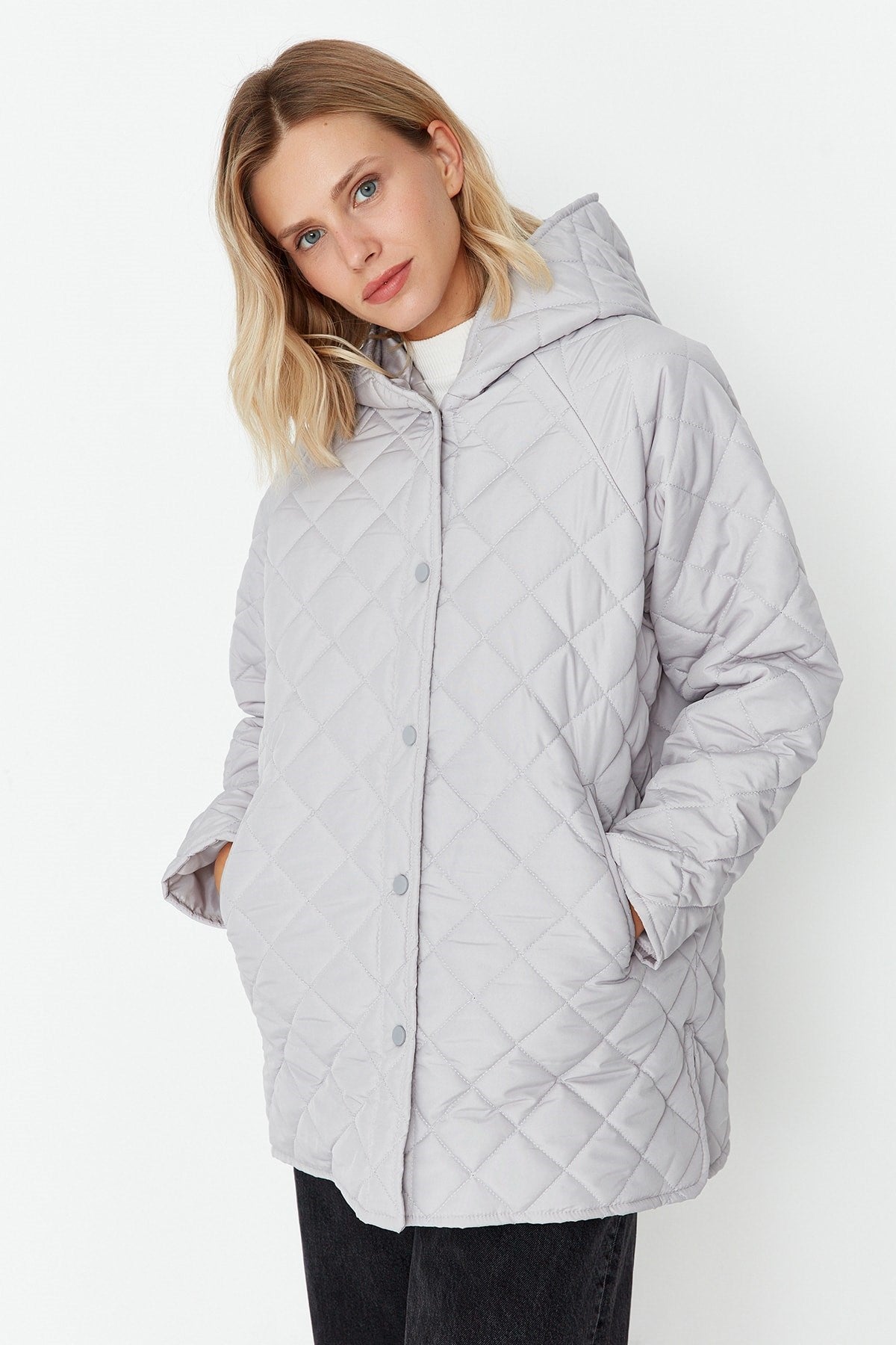 Grey Oversize Hooded Water Repellent Quilted Coat Twoaw23mo00131