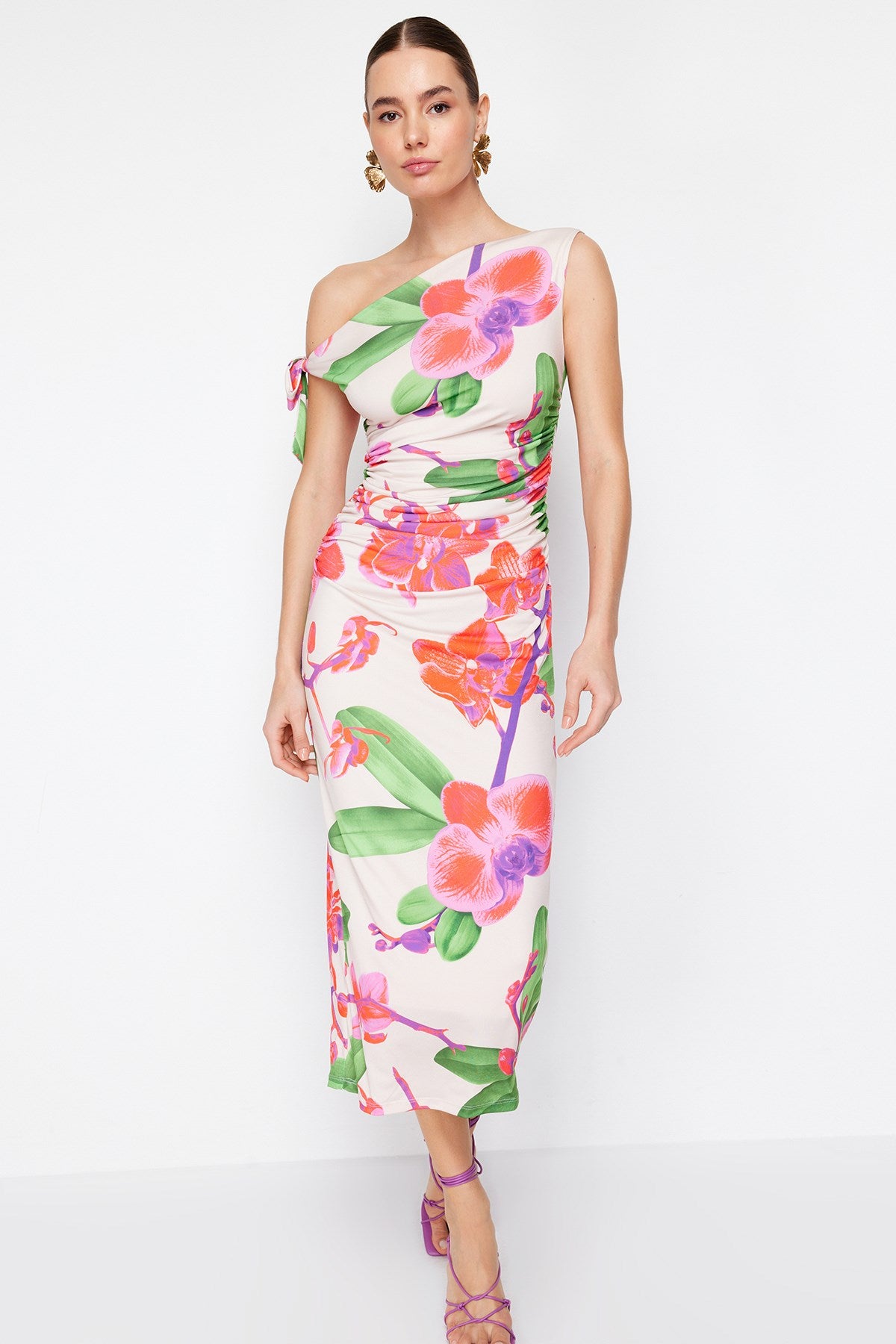 Limited Edition Multicolor Flower Printed Knitted Maxi Flexible Pencil Dress Twoss24el00563