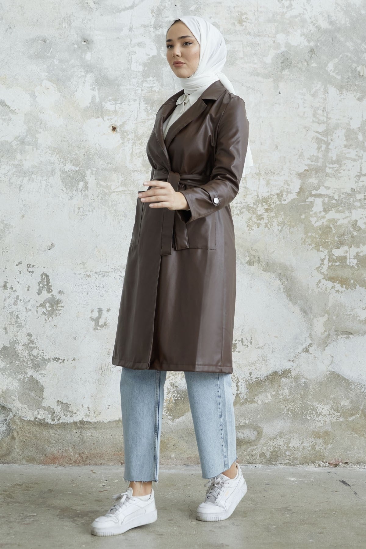 Ayora Double Breasted Collar Leather Trench - Taba Ms00or9834