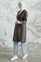 Ayora Double Breasted Collar Leather Trench - Taba Ms00or9834