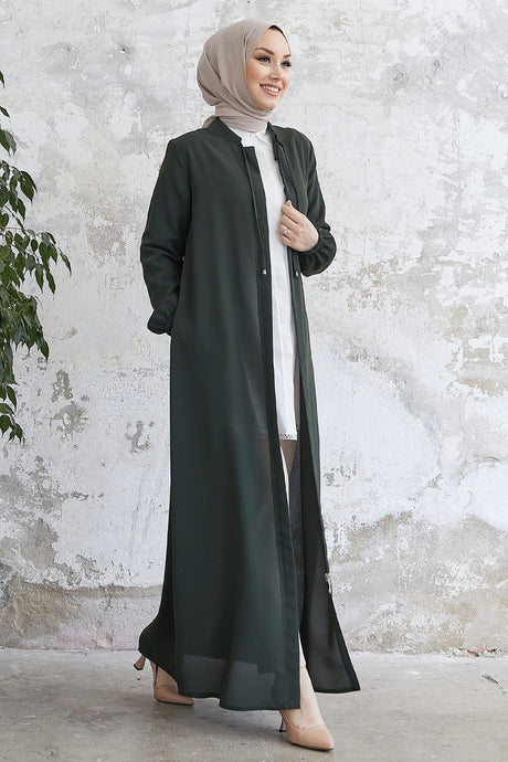 Hidden Patched Abaya With Lace-up Collar - Black Ms00tp00054