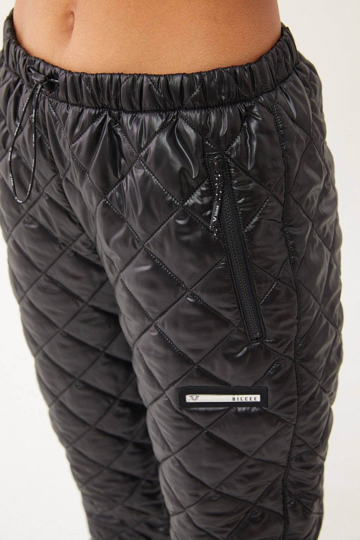 Women's Shiny Black Quilted Winter Zipper Pocket Outdoor Snow Pants 1563 Tb23wl05w1563-1