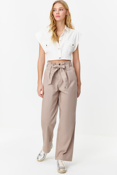 Beige Carrot Pattern Belted Woven Pants Twoss24pl00058