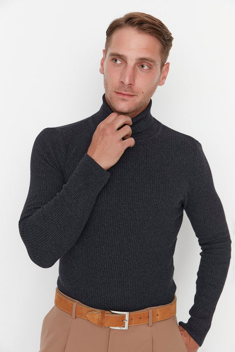 Grey Men's Slim Fit Turtleneck Ribbed Knit Basic Sweater Tmnaw20mg0031