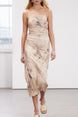 Limited Edition Brown Printed Midi Strappy Flexible Knit Pencil Dress Twoss24el00566