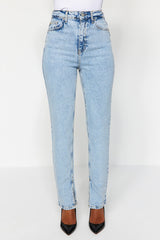 Blue Slit High Waist Straight Jeans Twoss22je0430