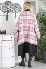 Black And White Handkerchief Collar Long Sleeve Plaid Double Pockets Long Fit Woven Slipknot Coat M1