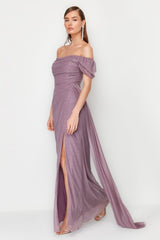 Powder Draped Silvery Long Evening Dress Tprss24ae00110