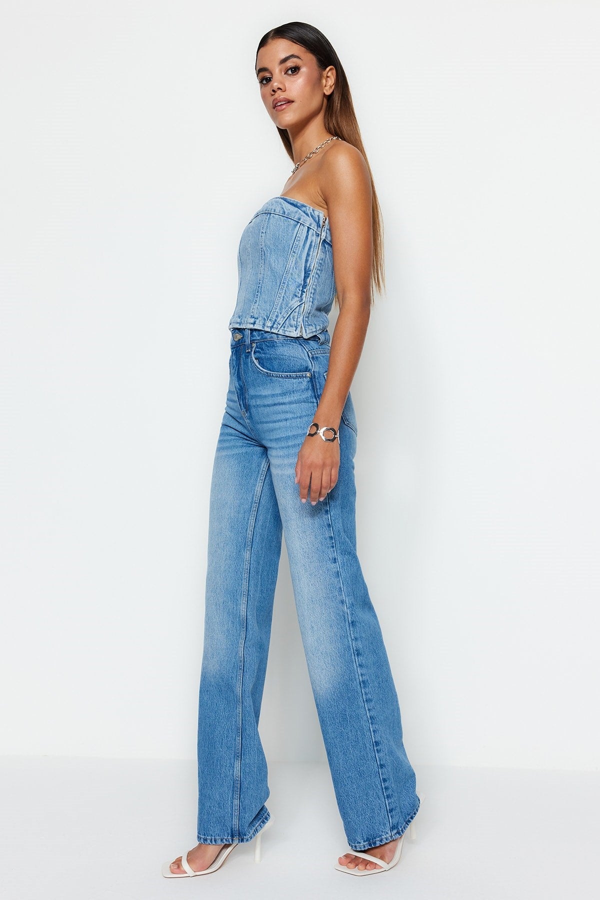 Blue High Waist Wide Leg Jeans Twoss23je00083