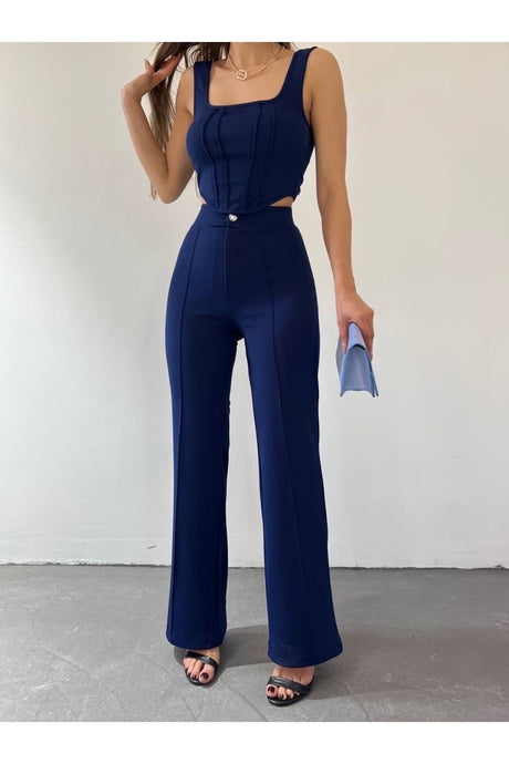 Women's Navy Blue Double Blouse Pants Bottom Top Suit Tkmp