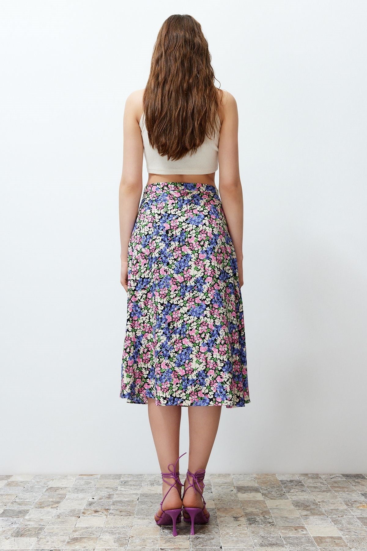 Tile Slit Detailed Floral Pattern Viscose Fabric Midi Woven Skirt Twoss20et0230