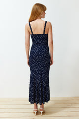 Navy Blue Patterned Strappy Body-fitting Ribbed Flexible Knitted Maxi Pencil Dress Twoss24el00682