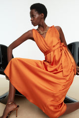 Orange Belted Woven Satin Elegant Evening Dress Tprss22ae0047 Tprss19bb0283