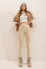 Women's Beige High Waist Ribbed Lycra Ottoban Leggings Alc-x7328