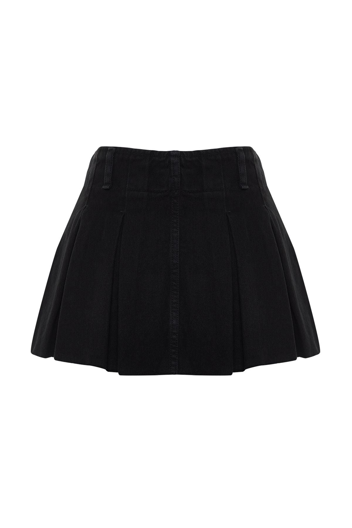 Black Pleated High Waist Denim Shorts Skirt Twoss24sr00026