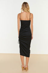 Black Woven Draped Elegant Evening Dress Tprss21el0213