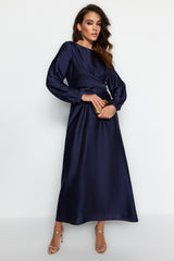 Navy Blue Cross Drawstring Detailed Satin Evening Dress Tctaw22eb0105