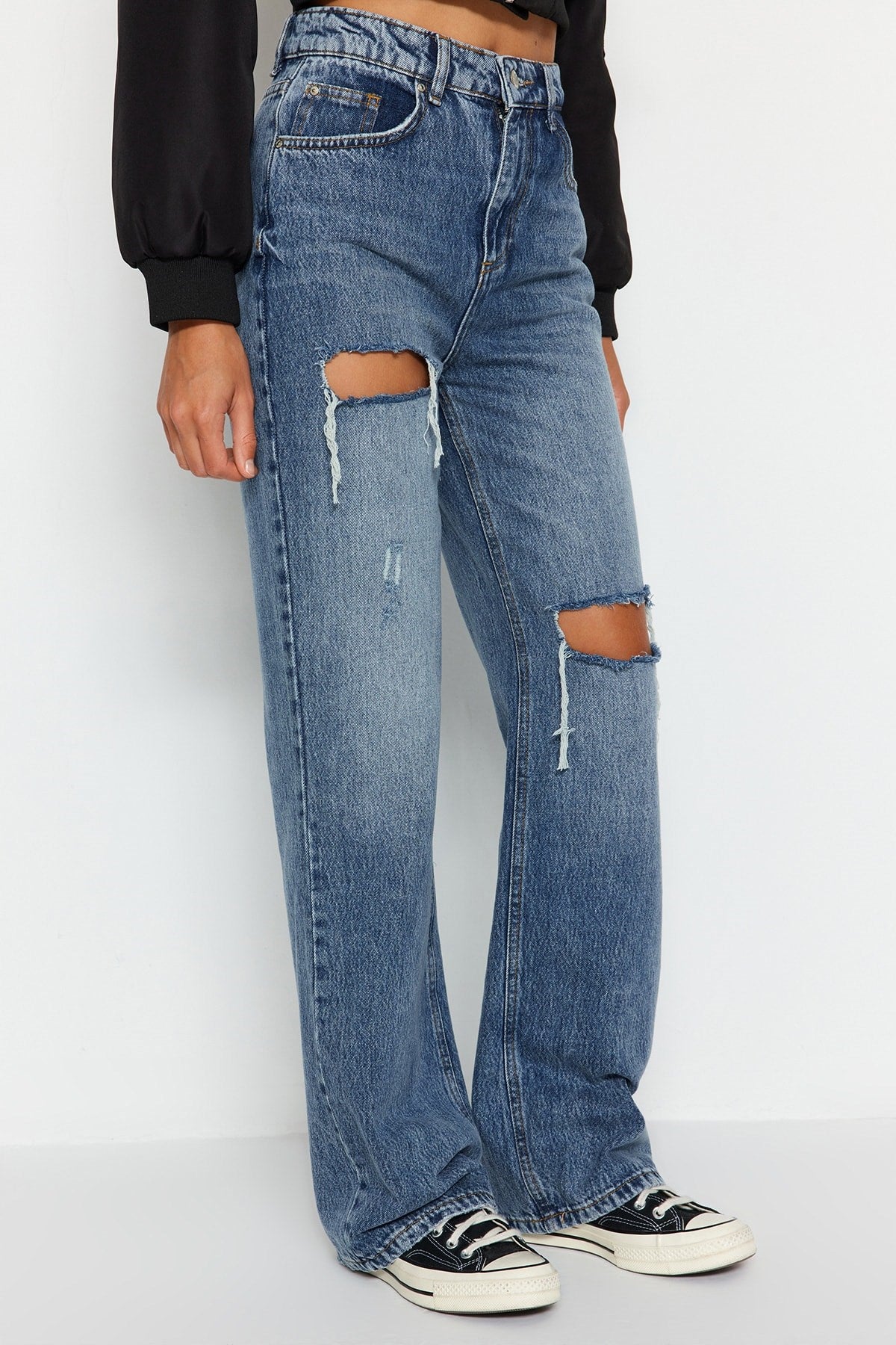 Blue Ripped High Waist Wide Leg Jeans Twoaw24je00162