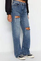 Blue Ripped High Waist Wide Leg Jeans Twoaw24je00162