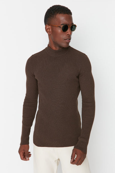 Brown Men's Fitted Slim Fit Half Turtleneck Ribbed Knitwear Sweater Tmnaw21kz0568