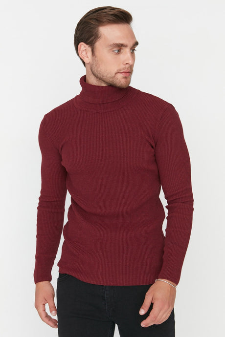 Grey Men's Slim Fit Turtleneck Ribbed Knit Basic Sweater Tmnaw20mg0031