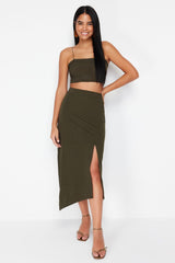 Khaki Asymmetric Cut And Slit Detail Maxi Skirt Twoss24et00043