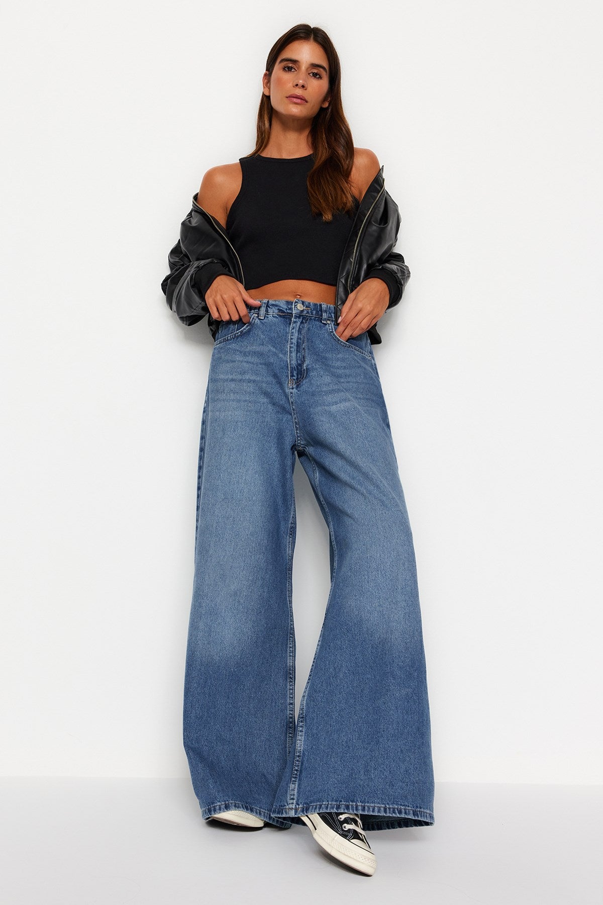 Blue Waist Elastic High Waist Extra Wide Leg Jeans Twoaw24je00350