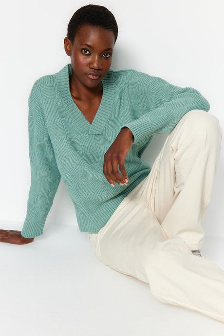 Mint Soft Textured V Neck Knitwear Sweater Twoaw24kz01140