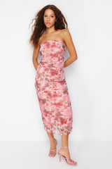 Pink Ruffle/drape Detailed Abstract Patterned Body Fit Maxi Flexible Knitted Pencil Dress Twoss24el0