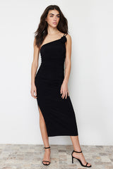 Black Accessory Rose Detailed Ruffle Body Fit Flexible Knitted Midi Pencil Dress Twoss24el00413