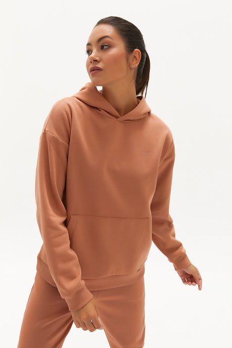 Women's Dark Beige Inner Polar Hooded Solid Color Winter Thick Kangaroo Pocket Casual Sports Sweatsh