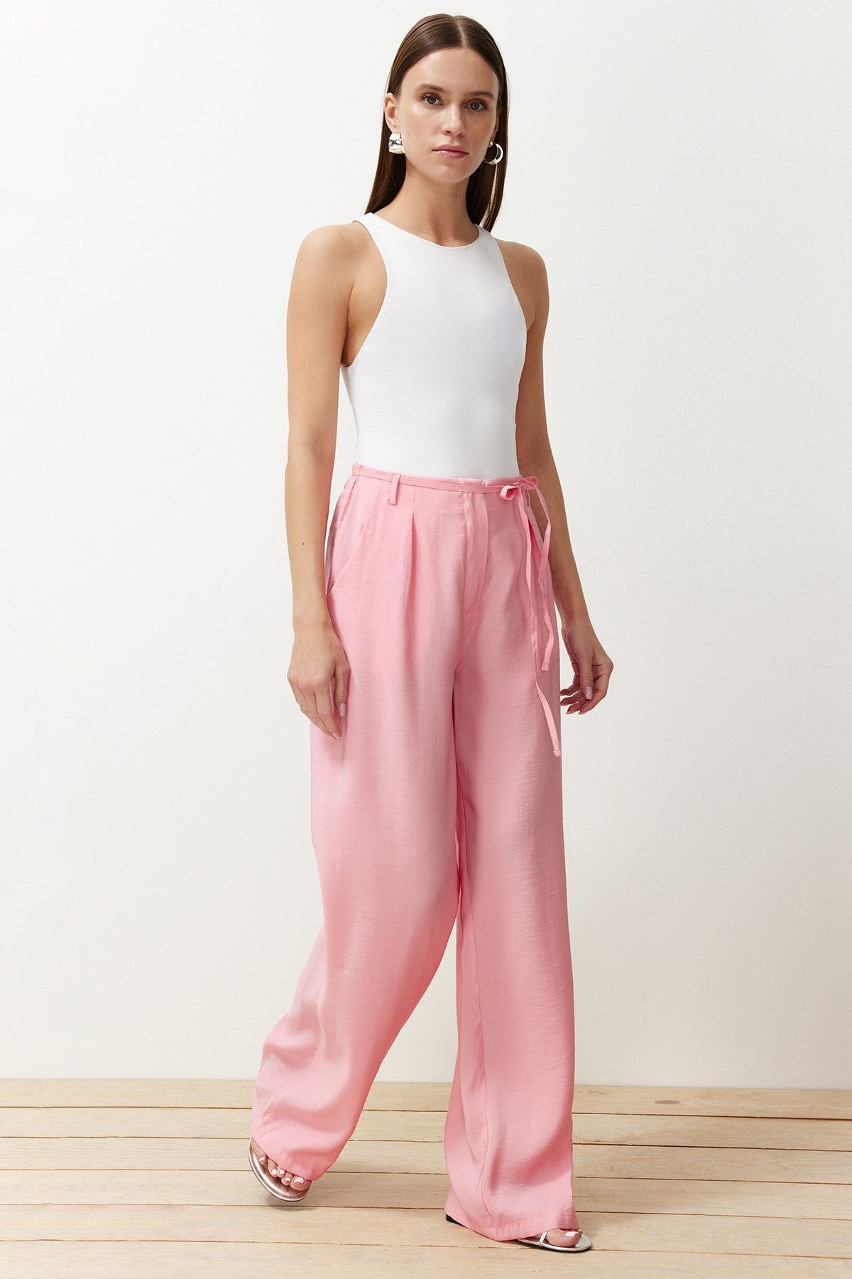 Pink Modal Content Thin Belt Pleated Wide Cut Wide Leg Woven Pants Twoss24pl00121