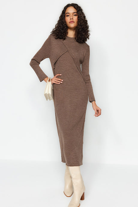 Black Double Neck Stitching Detailed Knitwear Dress Tctaw24eb00011