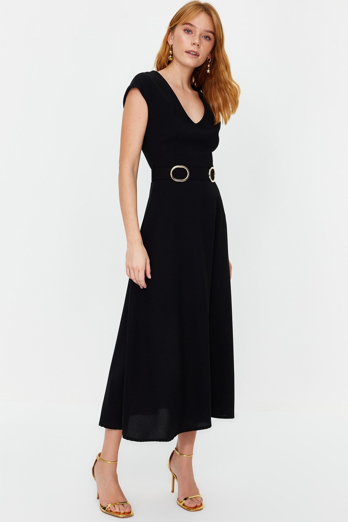 Black Belted Skirt Waist Midi Crepe Woven Dress Twoss24el00018