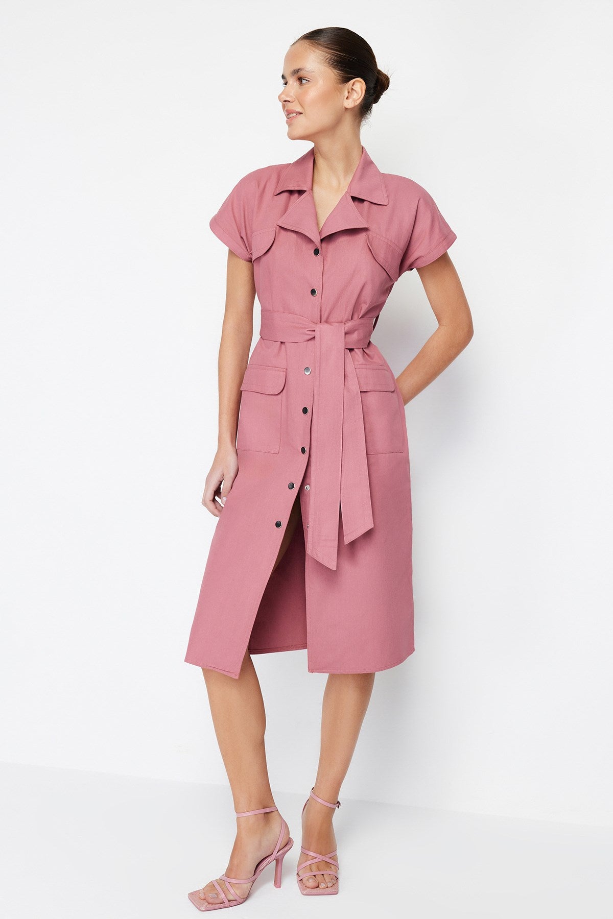 Dusty Rose Belted Wide Pattern Gabardine Midi Shirt Dress Twoss24el00227