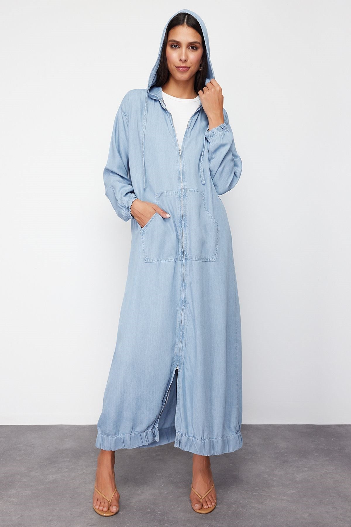 Light Blue 100% Tencel™ Oversize Denim Trench Coat Twoss24tr00030