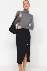 Black Smart Crepe Button Detailed High Waist Midi Pencil Flexible Knitted Skirt Twoss23et00320